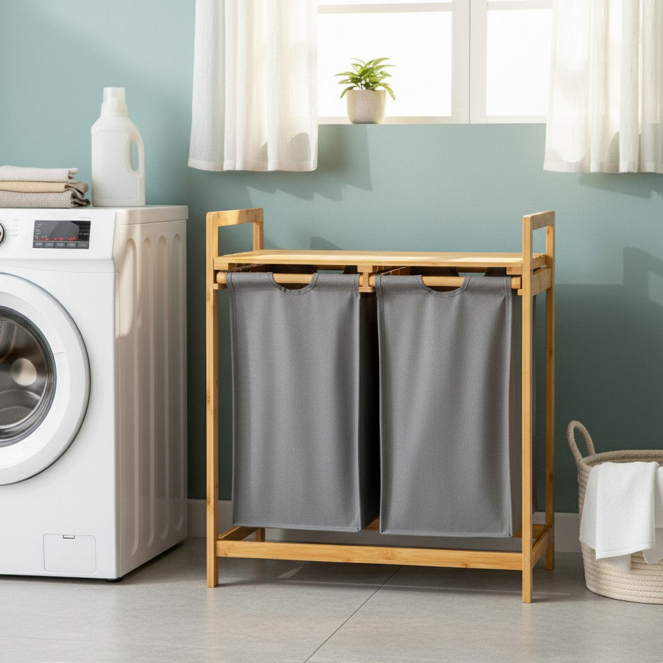 2-in-1 bamboo laundry sorter with removable fabric basket