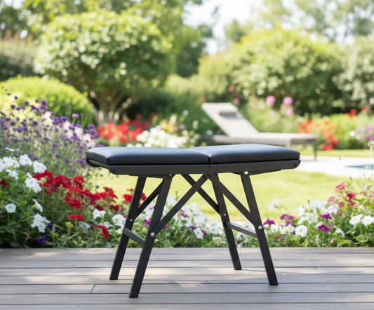 Black steel portable folding stool for indoor and outdoor use