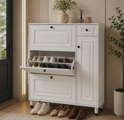 White multilayer shoe cabinet with black round handles and raised panel detailing for organised shoe and household storage in entryways, hallways, and bedrooms