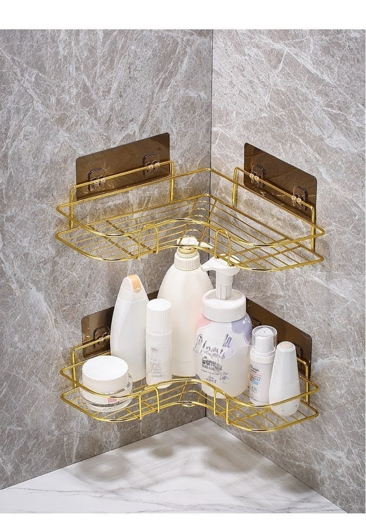 Triangular Golden Metallic Corner Bathroom Shelf