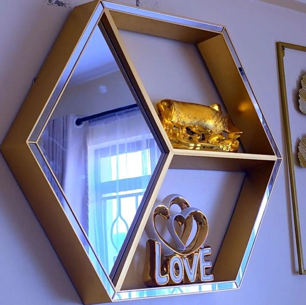 Gold Hexagon Wall Mirror with Display Shelves