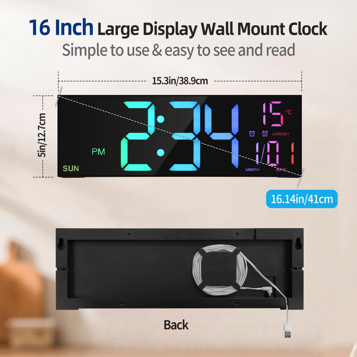 16-Inch LED Digital Alarm Clock- 38.9× 12.7× 3.0cm