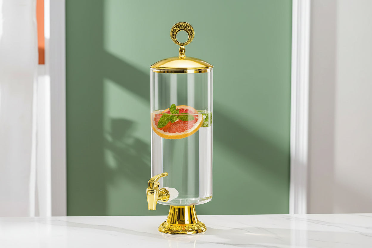 3.3 Litres glass juice dispenser with gold lid for serving beverages
