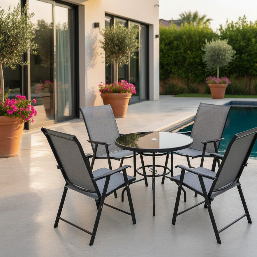 Modern 5 piece outdoor furniture set with foldable seats for garden or patio use.