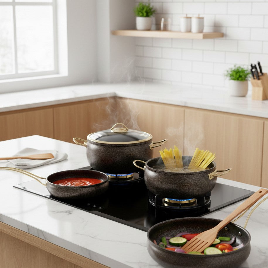 9-piece NSFE granite coating kitchen cookware set with casseroles and deep frypan, glass lids with gold rims, available in cream white, and black.