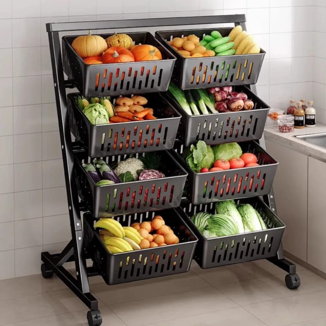 4-layer kitchen vegetable basket rack made from galvanized iron and plastic for organized fruit and vegetable storage.