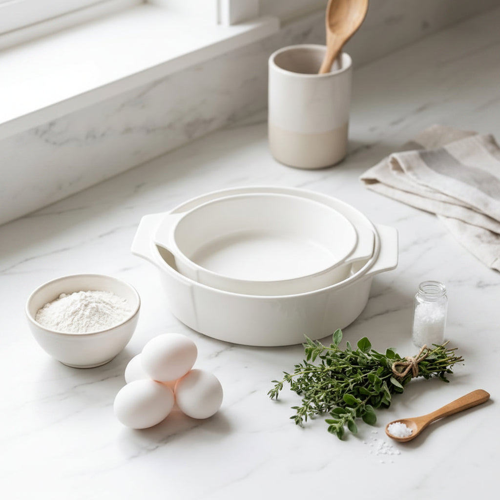 2 piece round ceramic baking tray set with small and medium oven safe dishes for lasagna casseroles brownies roasted meals baking and serving.