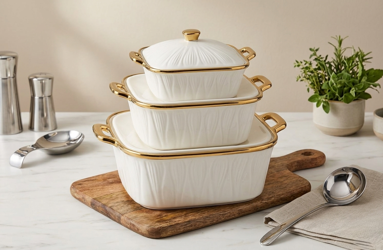 3-piece ceramic casserole pot set with 3L, 2.5L, and 1L capacities for cooking and serving