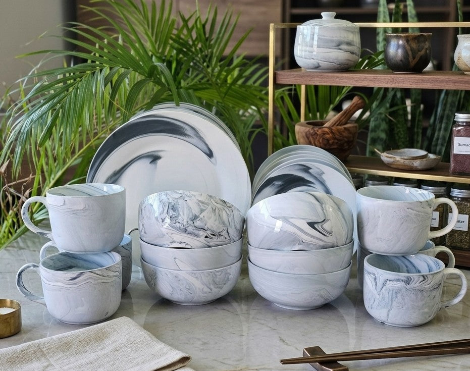 24-piece marble ceramic dinner set with plates, bowls, and cups, elegant dining set for home use.