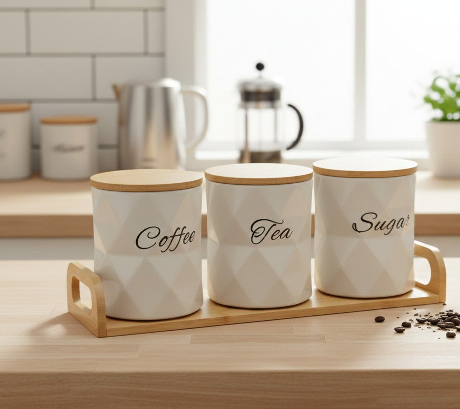 Three ceramic 500ml canisters with bamboo stand for kitchen storage.