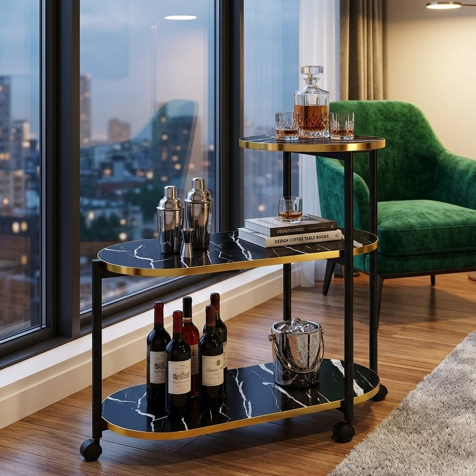 3 Layer Oval Round Top Trolley Rack Table 60×30×67 cm