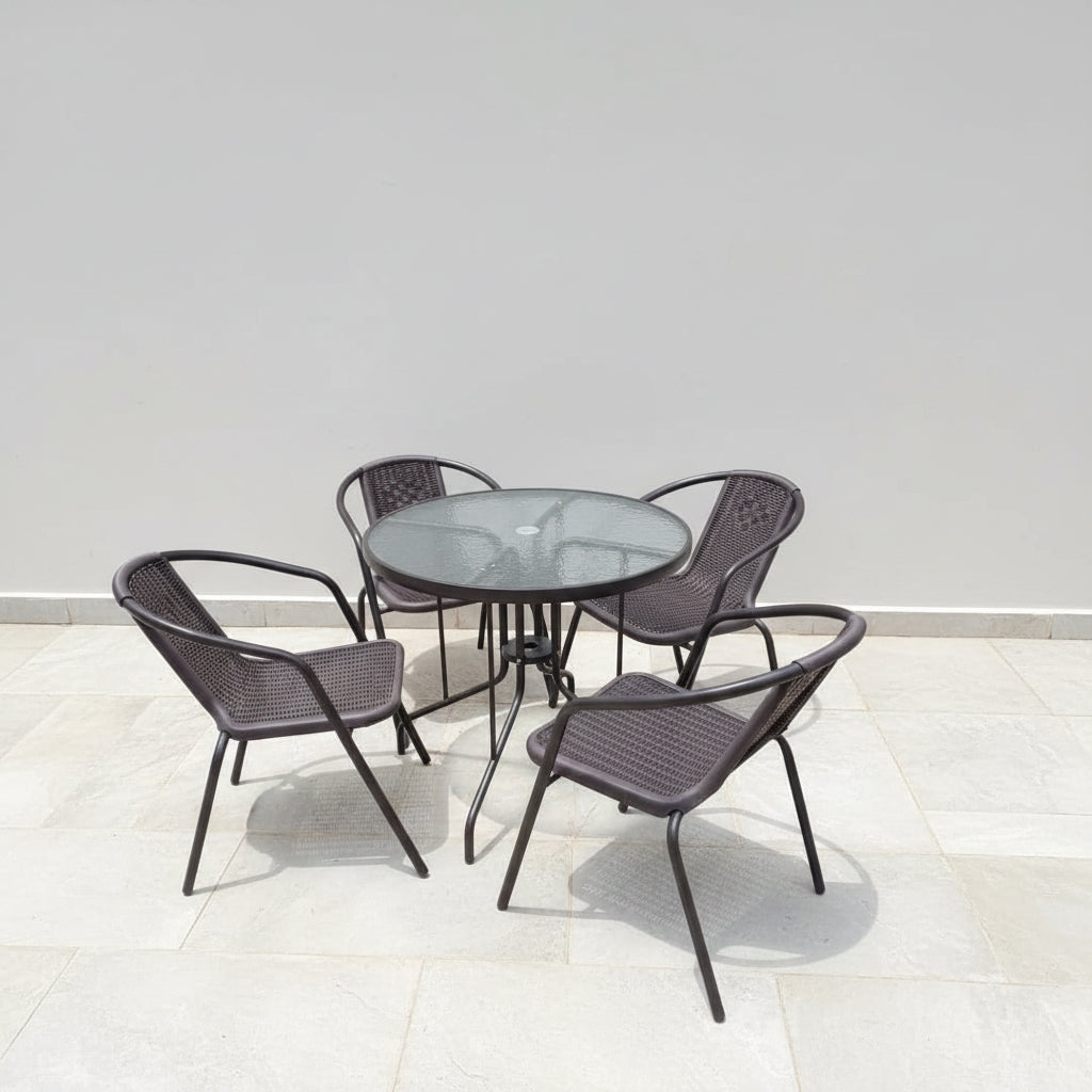 Outdoor  Dining Set With Round Glass Table And Rattan Style Chairs