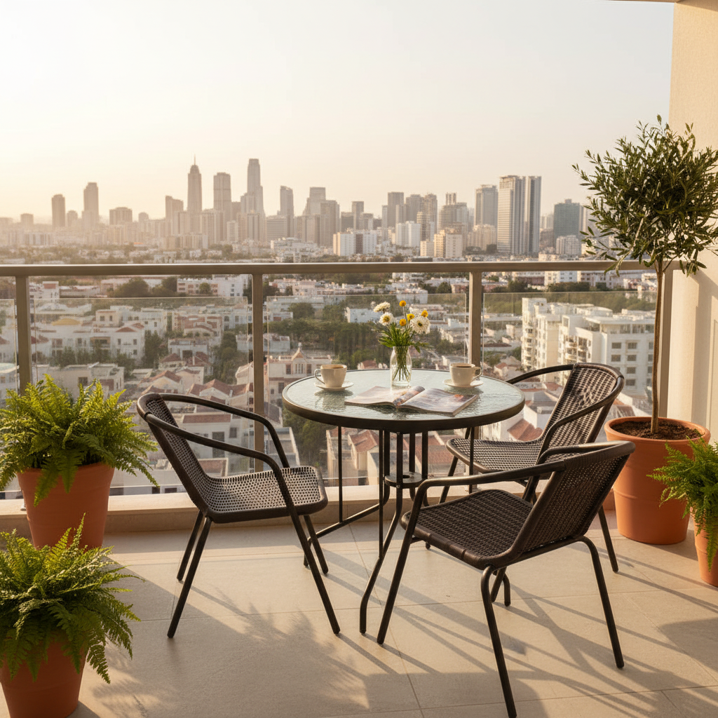 Outdoor  Dining Set With Round Glass Table And Rattan Style Chairs