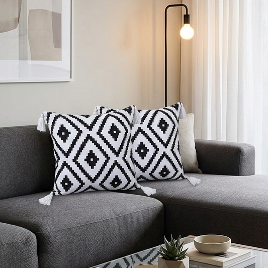 Semi boho cushion covers with tassels, 45x45cm decorative pillow cases for sofa and bedroom décor