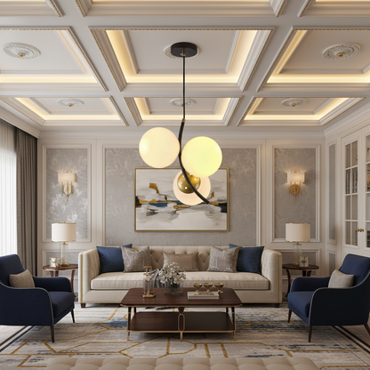 Triple-Globe Pendant Light – Black, Gold & White (E27)-PL 1171-03-BK