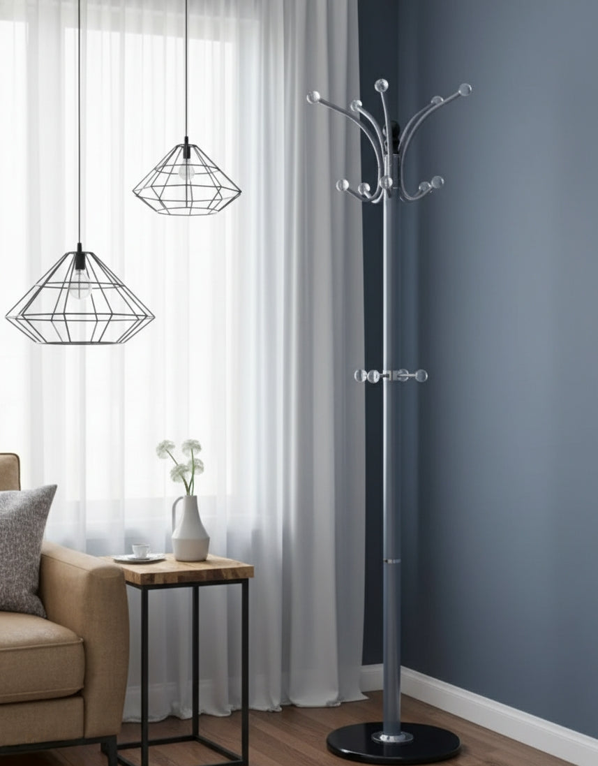 Grey heavy duty metallic coat stand with wide base and multiple hooks.