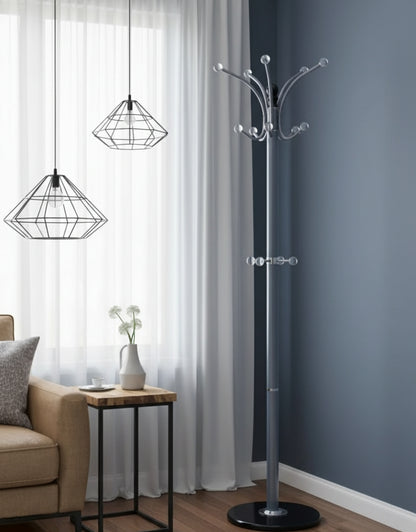 Grey heavy duty metallic coat stand with wide base and multiple hooks.