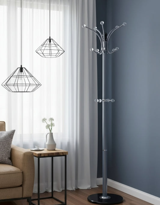 Grey heavy duty metallic coat stand with wide base and multiple hooks.