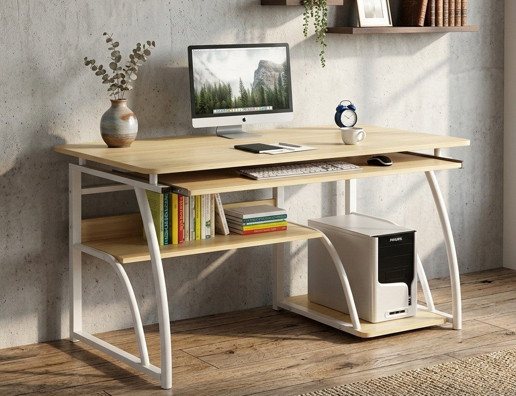 Compact ergonomic computer desk with steel frame and wood finish, featuring shelves for CPU and office essentials