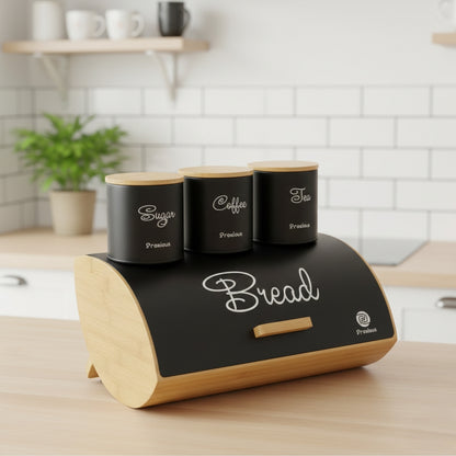 Flip Hemisphere Bamboo Bread Bin with 3 Canisters