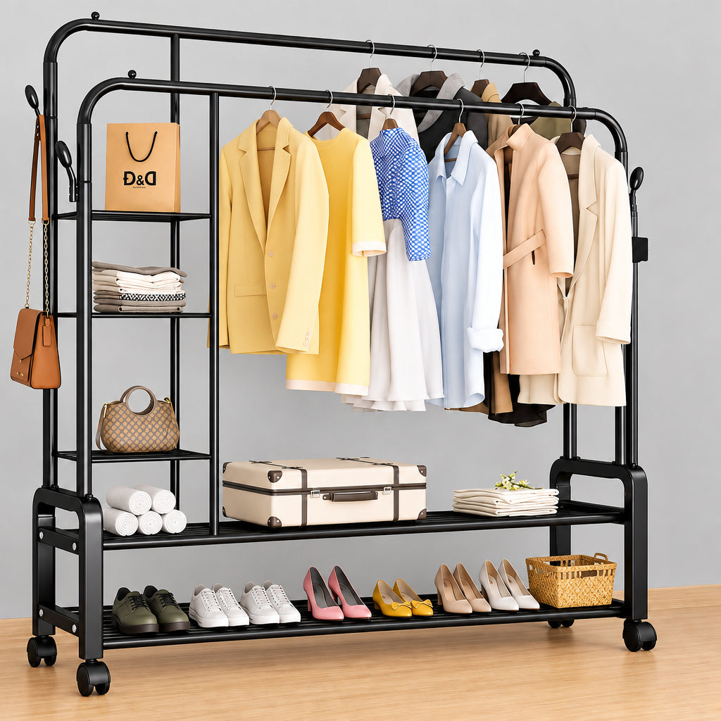 Double Layer Garment Rack Floor Standing Clothes Hanger