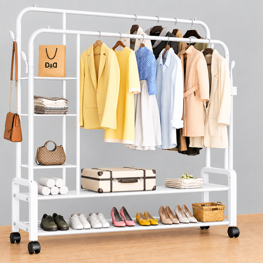 Double Layer Garment Rack Floor Standing Clothes Hanger
