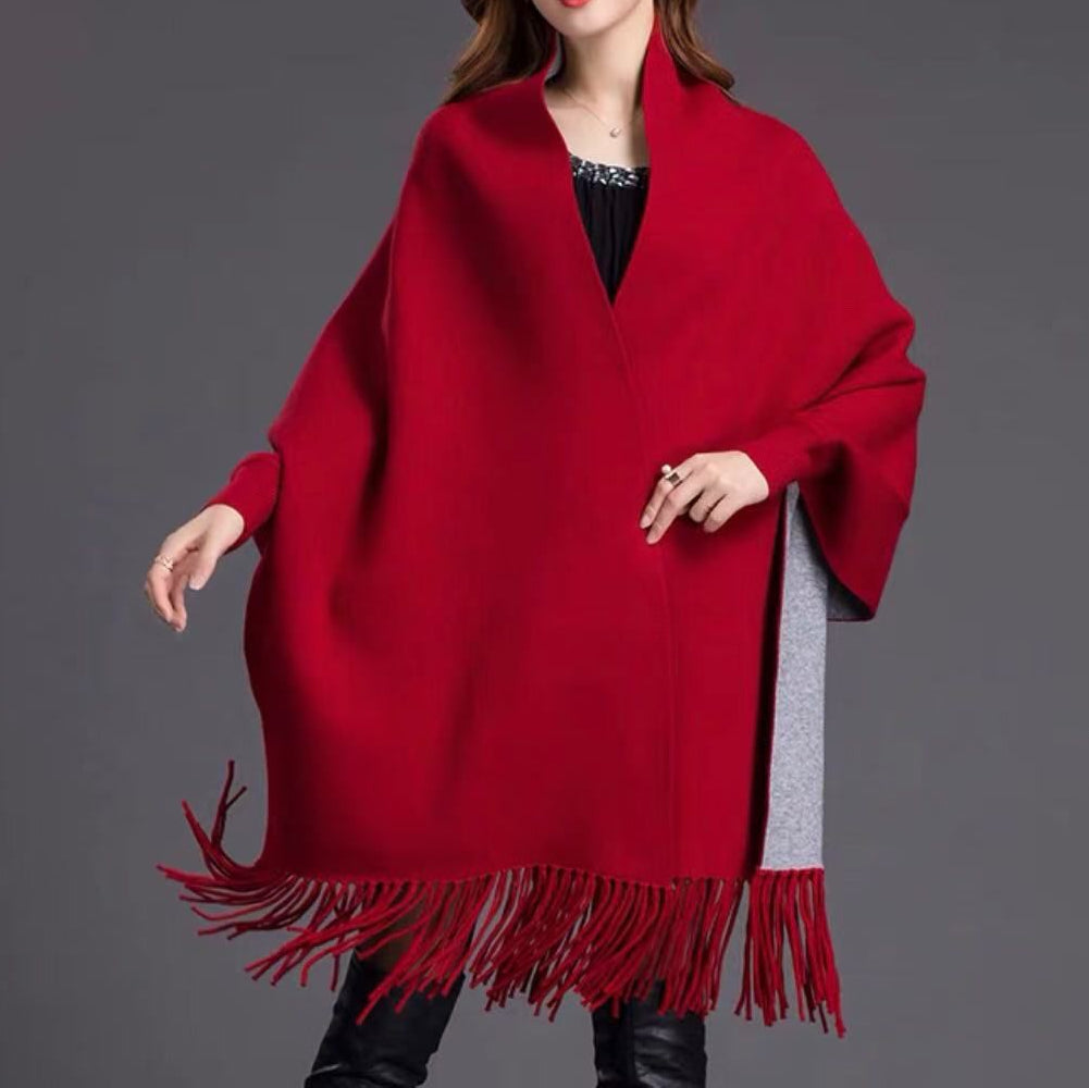 Plain Double Sided Long Sleeve Poncho Shawl