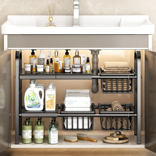 Adjustable 2 tier under sink rack in black for kitchen and bathroom storage organization, width 53–88 cm