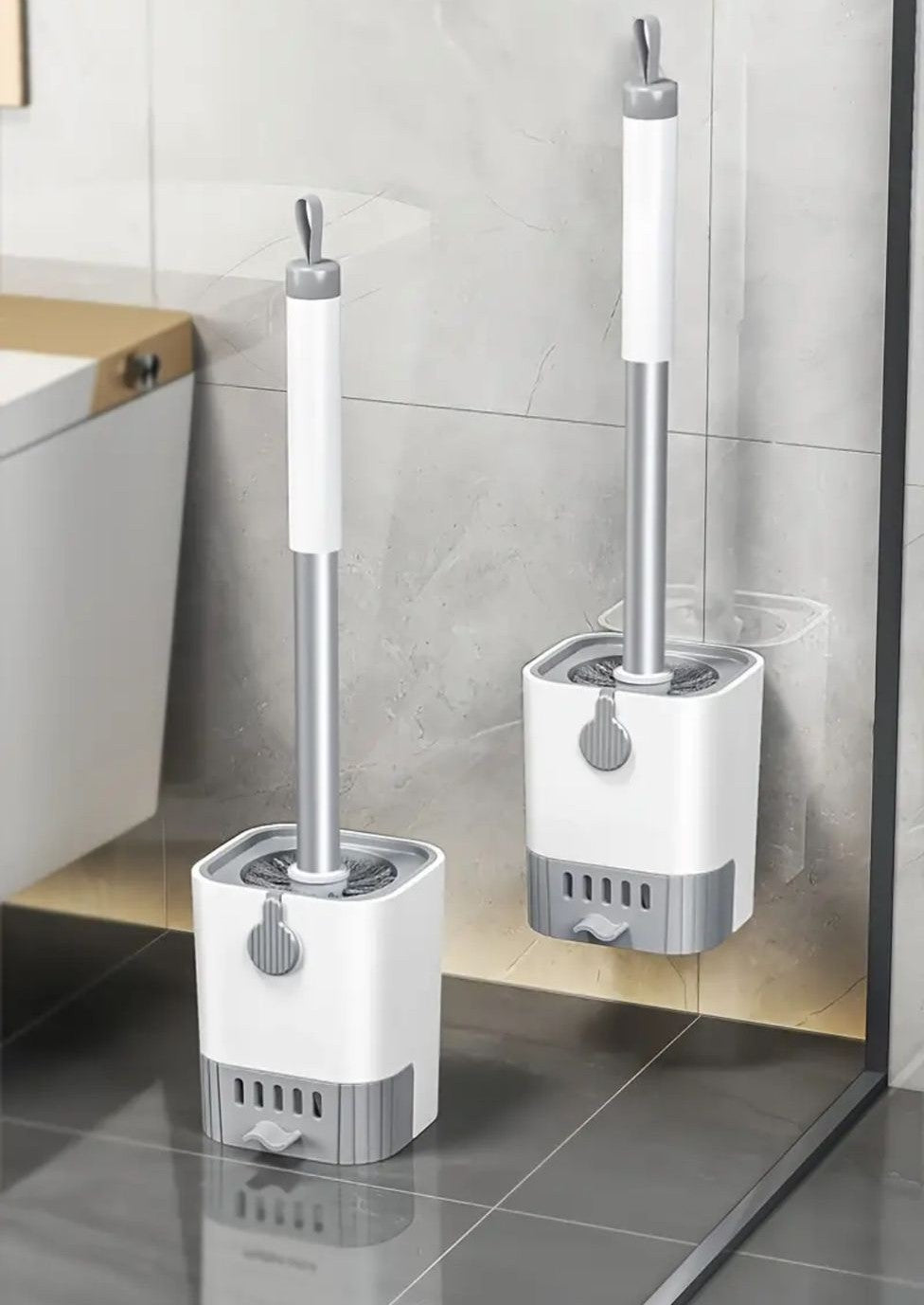 Wall mounted toilet cleaning brush with long handle and holder