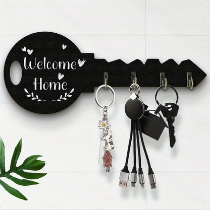 Decorative wall-mounted wooden key organizer with multiple hooks