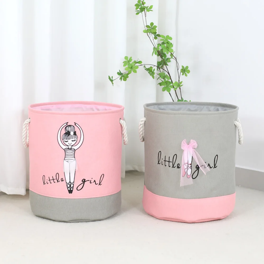 soft fabric storage basket in pink, grey, and fun prints