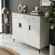 1.2 m white console table storage cabinet with 3 fluted drawers, 3 lower cabinet doors, black handles, and slim black legs.