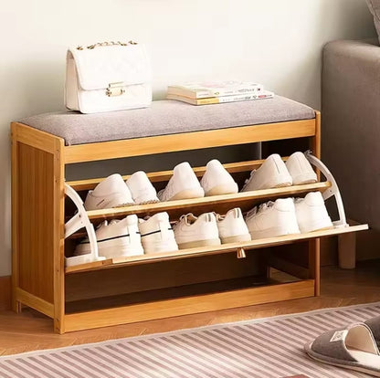 Wooden Stool With Bucket Flip Shoe Cabinet