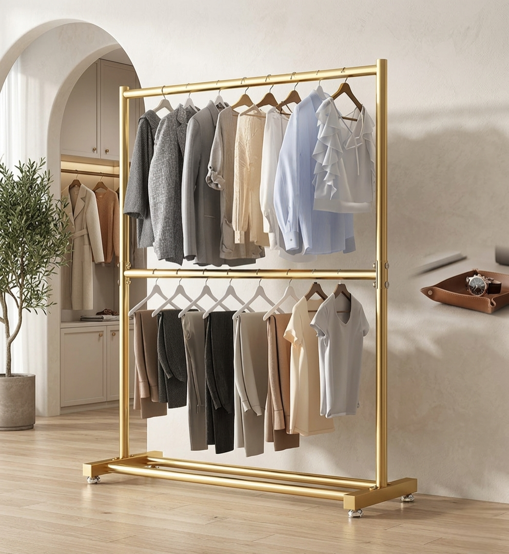 Floor standing clothes rack with hooks and shelves for coats, shoes, and home organization