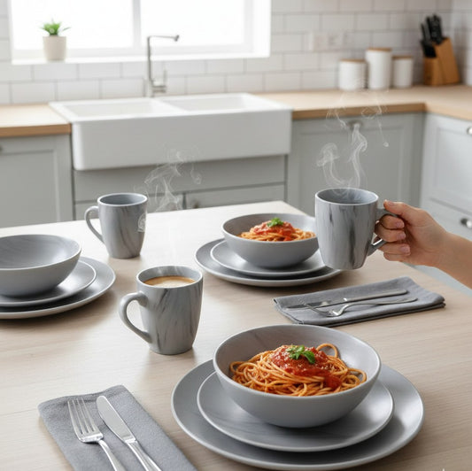 24-piece Ceramic marble dinner set with plates, bowls, and tea mugs.