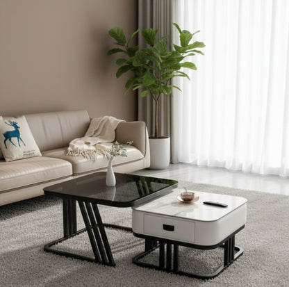 Two-piece modern nesting coffee table set with storage and marble-glass tops