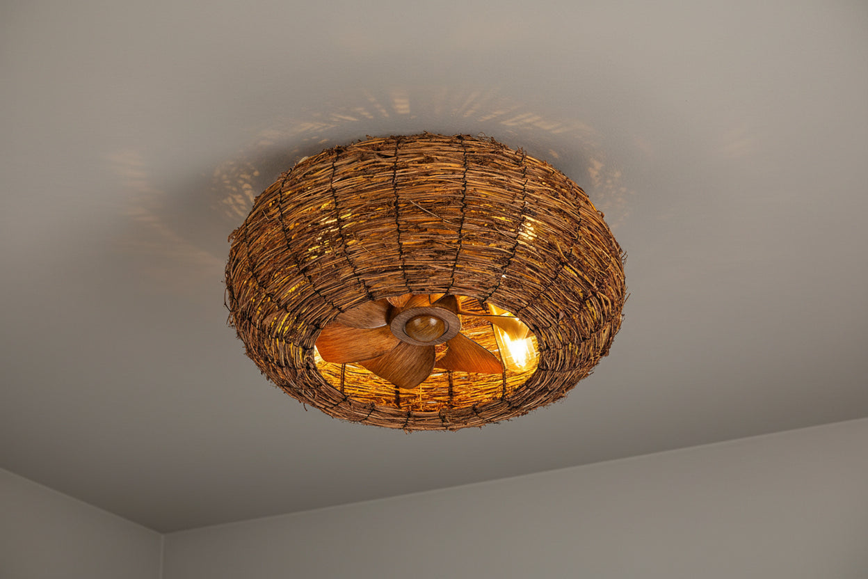 Rattan ceiling fan light with four E27 bulbs and wood finish blades in bohemian design