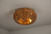 Rattan ceiling fan light with four E27 bulbs and wood finish blades in bohemian design