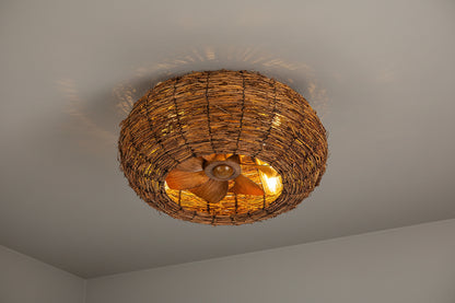 Rattan ceiling fan light with four E27 bulbs and wood finish blades in bohemian design
