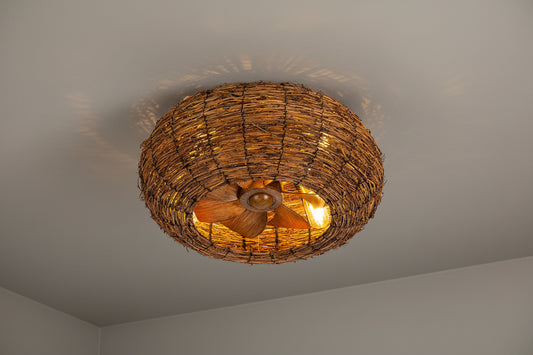 Rattan ceiling fan light with four E27 bulbs and wood finish blades in bohemian design
