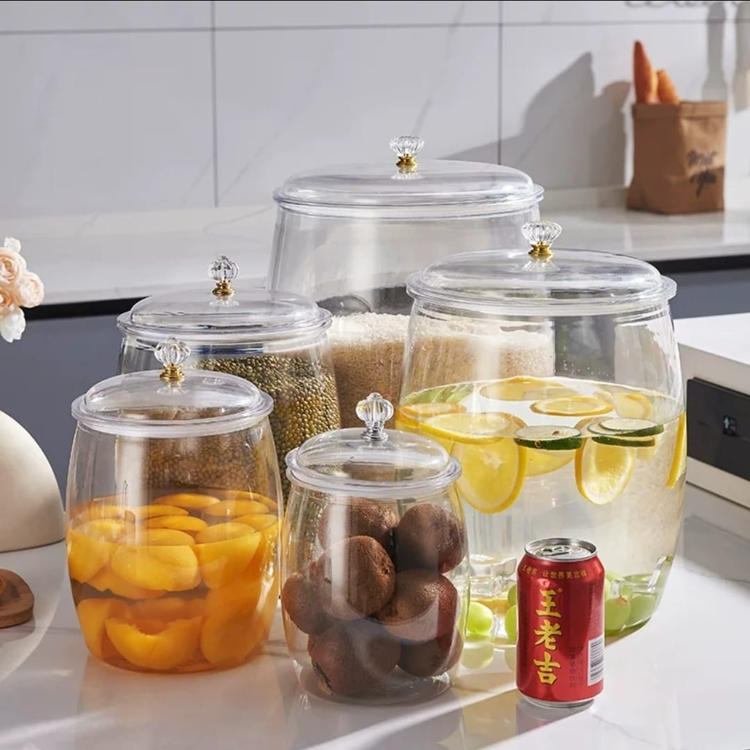 5 piece acrylic airtight cereal storage container set in 2.2L, 3.8L, 6.5L, 11L, and 18L sizes for organized pantry storage.