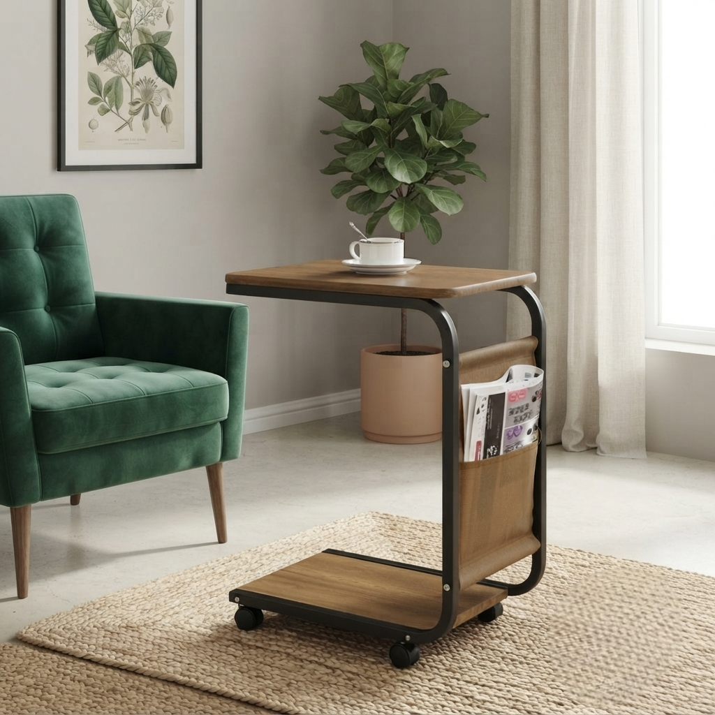 2 Tier Trolley Side Table with Storage Pocket