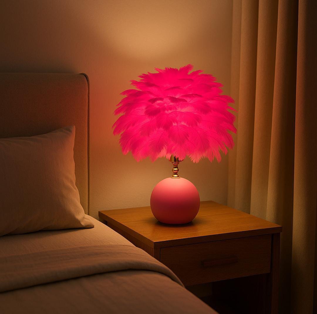 Yellow medium feather-like bedside lamp with soft warm glow and decorative design
