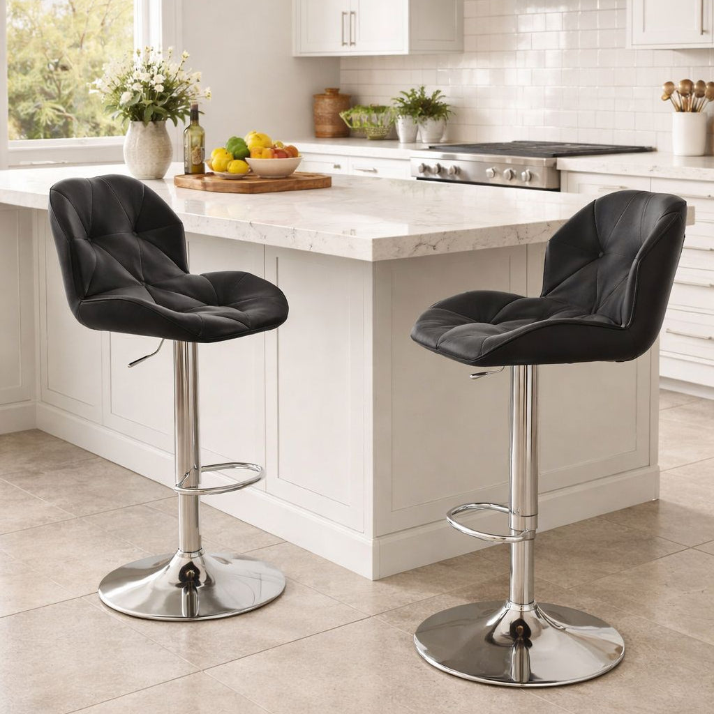 Modern adjustable bar stool made of pure leather available in black and white colors for kitchen and bar seating.