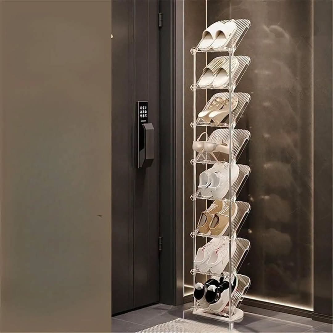Gemelli Colllection 8 tier strong acrylic shoe rack transparent shoe organiser with premium durable construction modern space saving footwear storage solution for homes apartments boutiques dressing rooms and retail displays
