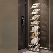 Gemelli Colllection 8 tier strong acrylic shoe rack transparent shoe organiser with premium durable construction modern space saving footwear storage solution for homes apartments boutiques dressing rooms and retail displays