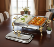 Golden Double 1.8L×2 Glass Bowl Food Warmer With Stainless Steel Cover And Dual Burner For Elegant Dining