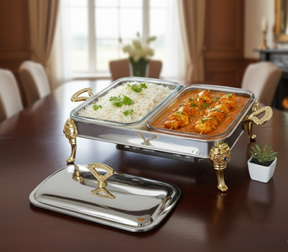 Golden Double 1.8L×2 Glass Bowl Food Warmer With Stainless Steel Cover And Dual Burner For Elegant Dining