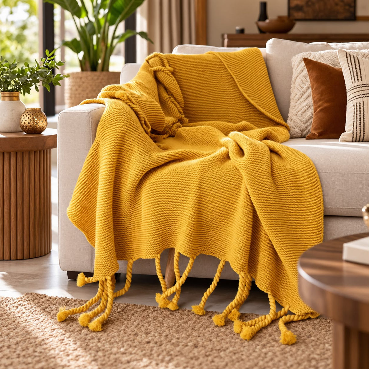 150 × 200cm Chunky Knitted Throw Blanket with Braided Tassels