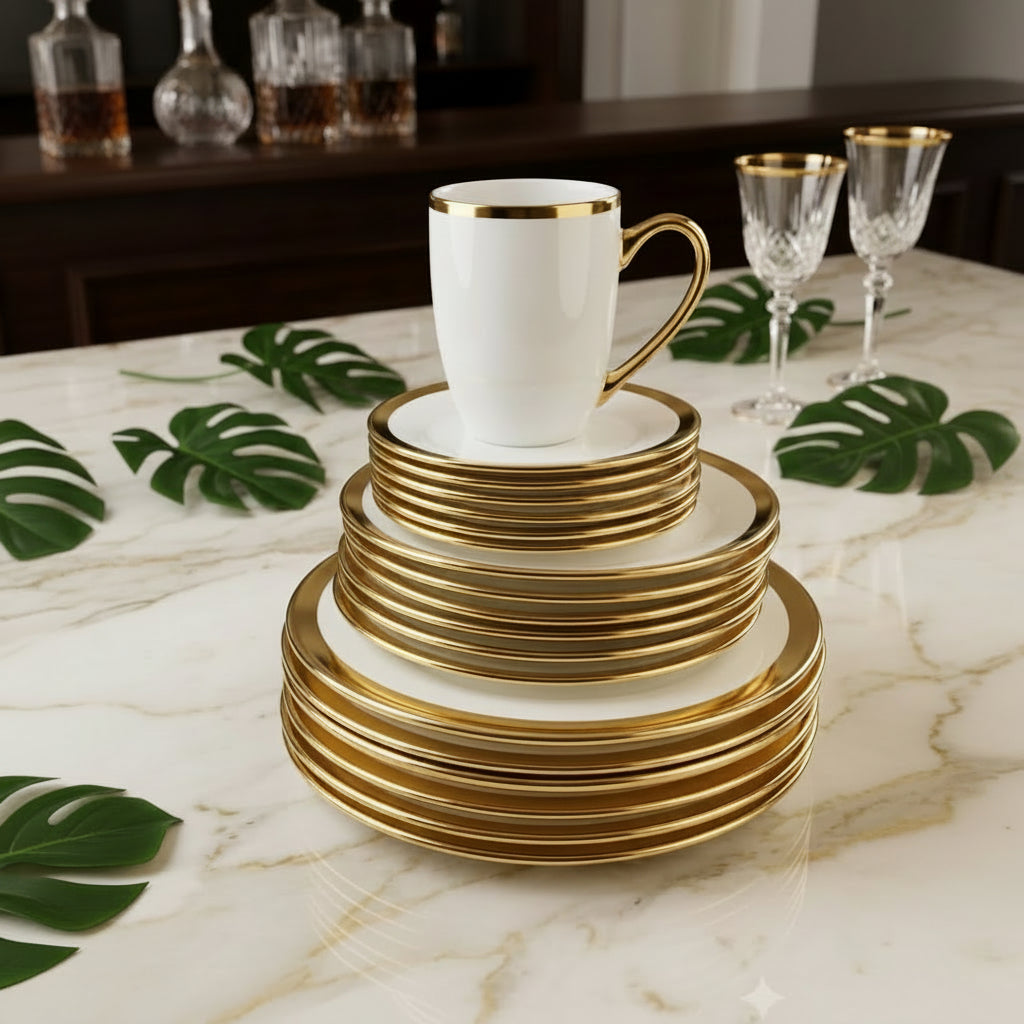 24 piece gold ring ceramic dinner set with white finish including dinner plates side plates saucers and 300ml cups for elegant dining and entertaining.